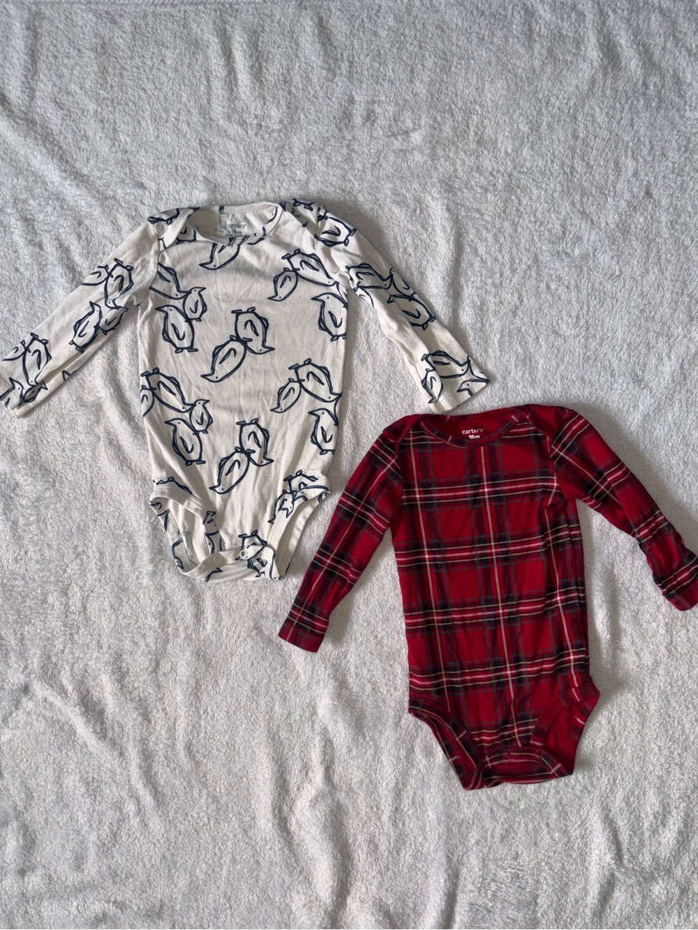 Carter's Red Plaid Long-Sleeve One-Piece Bodysuit & White Navy Penguin Print Set